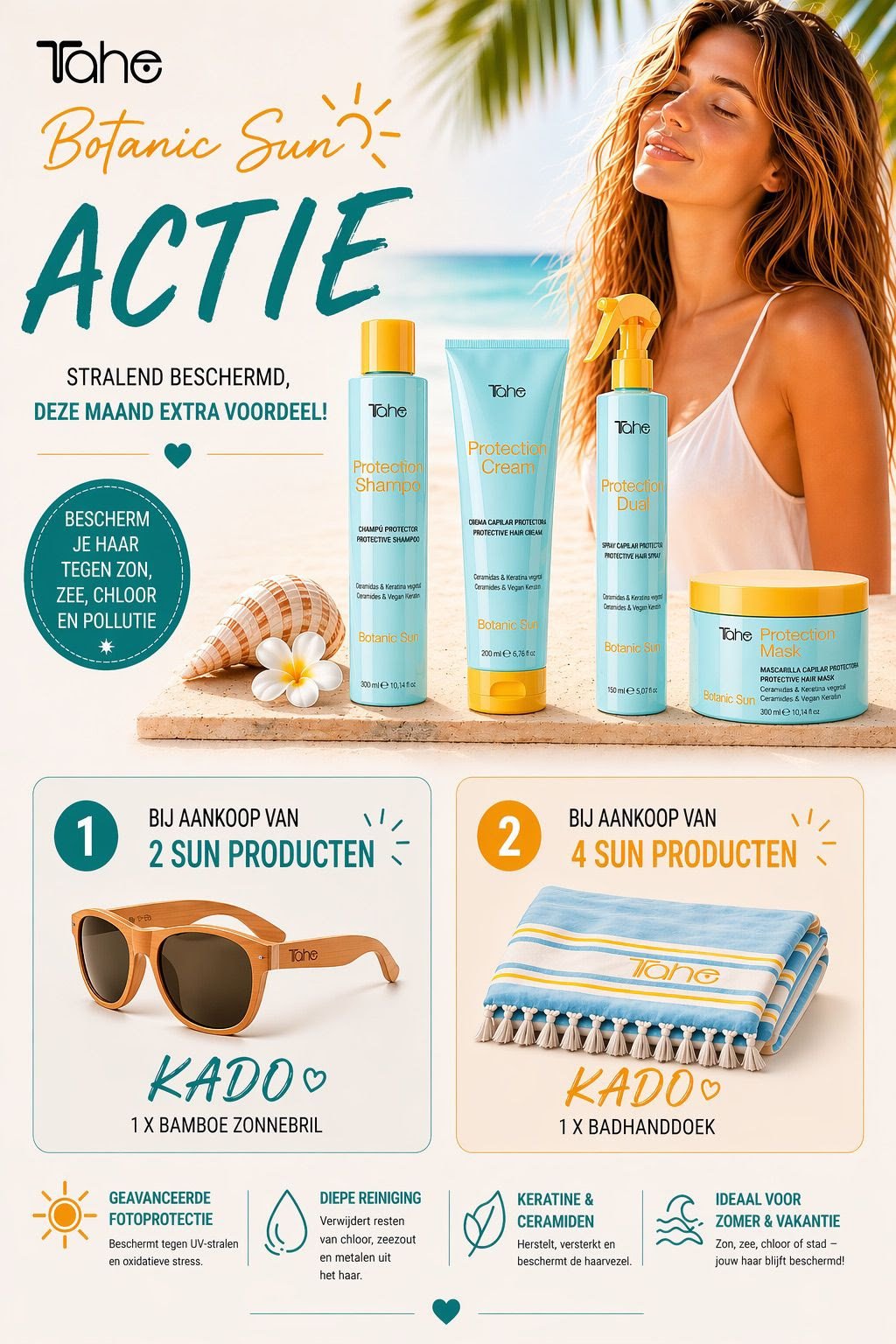 Bescherm het haar tegen zon, zee en chloor met professionele zomerverzorging van TAHE